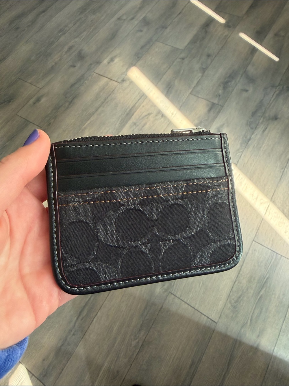 Coach black denim zip card case